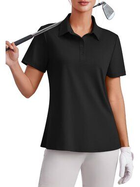Women's Black 4 Button Golf Polo UPF50+ Quick Dry Tennis Tops Relaxed Fit